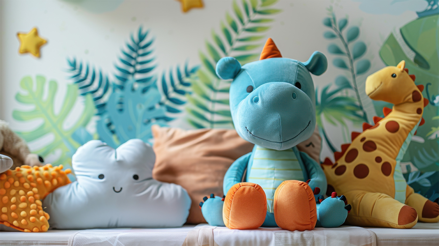 A collection of colorful plush toys including a dinosaur, giraff A collection of colorful plush toys including a dinosaur, giraffe, and cloud on a bed in a children's room.
